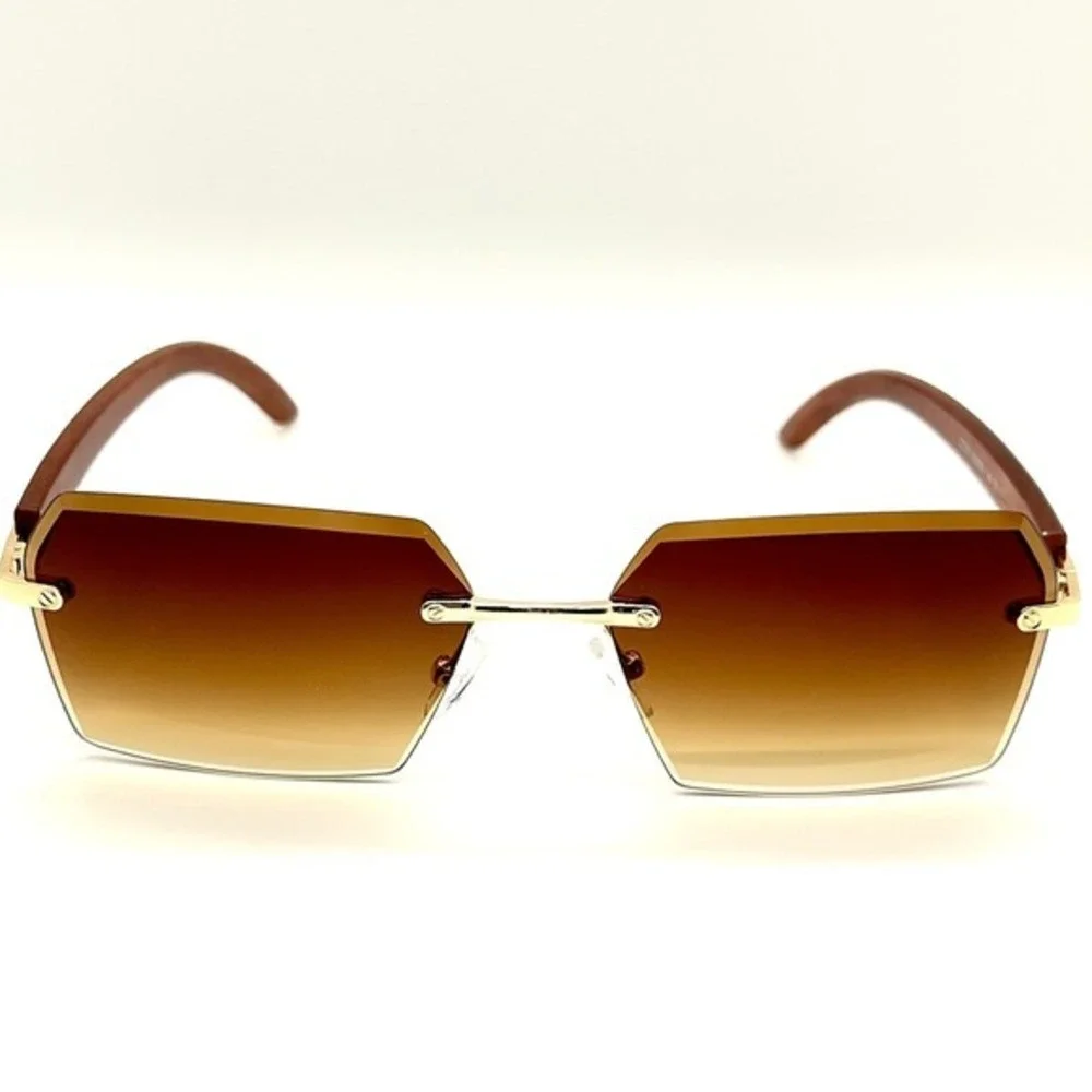 Women Rimless Sunglasses Brown Gradient Lens Gold Accents Wood Arm Sophisticated